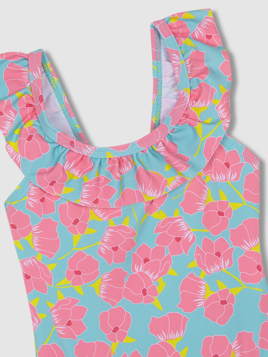 Bañador Estampado Flores Turquesa Brillante