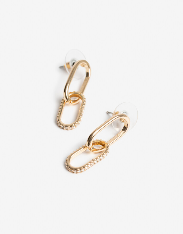Aros Colgantes Cortos Strass Aros De Eslabones Bañados En Oro - Dorado