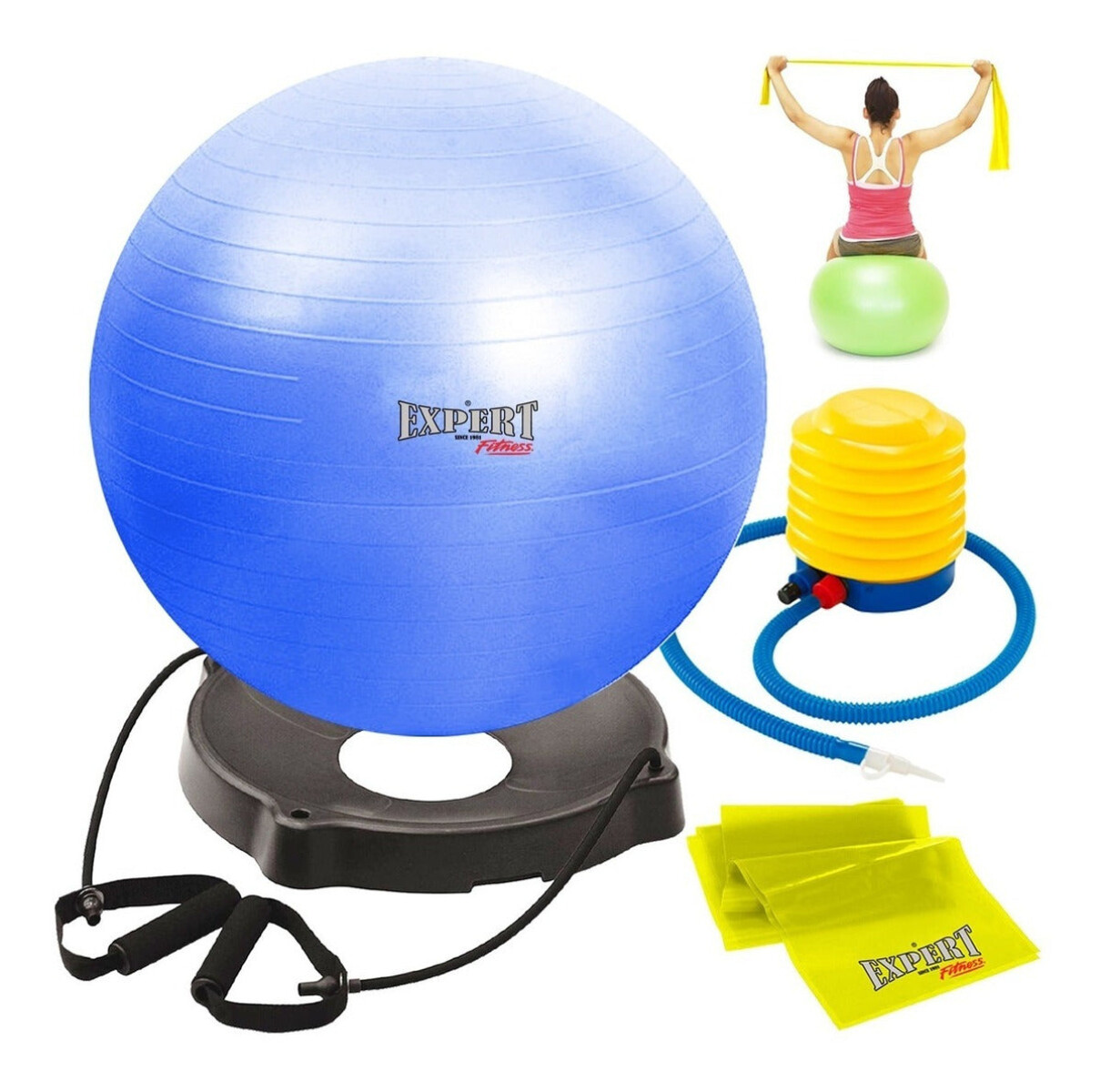 Base Pelota Pilates + Gymball 75cm + Banda + Inflador 