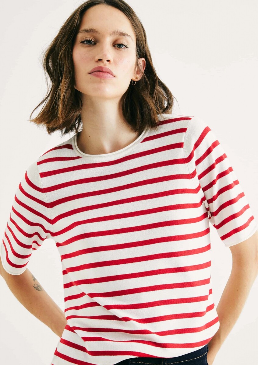 CAMISETA MANGA CORTA CON RAYAS - ROJO 