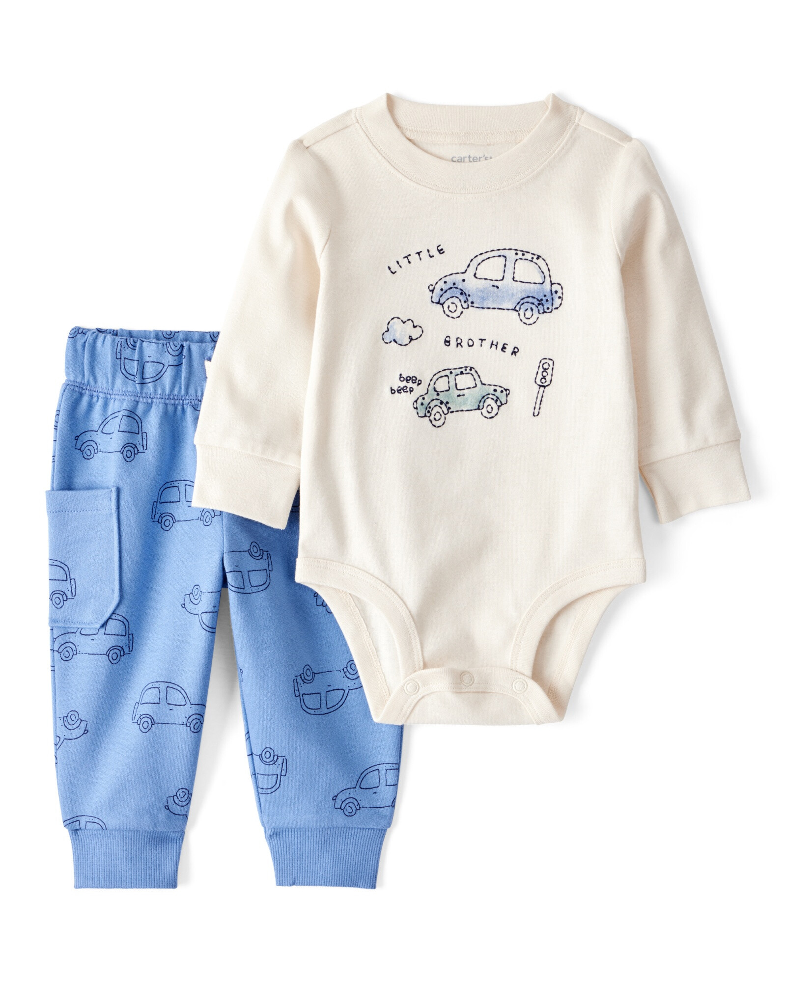 Set dos piezas de algodón, pantalón y body, diseño autos Set dos piezas de algodón, pantalón y body, diseño autos
