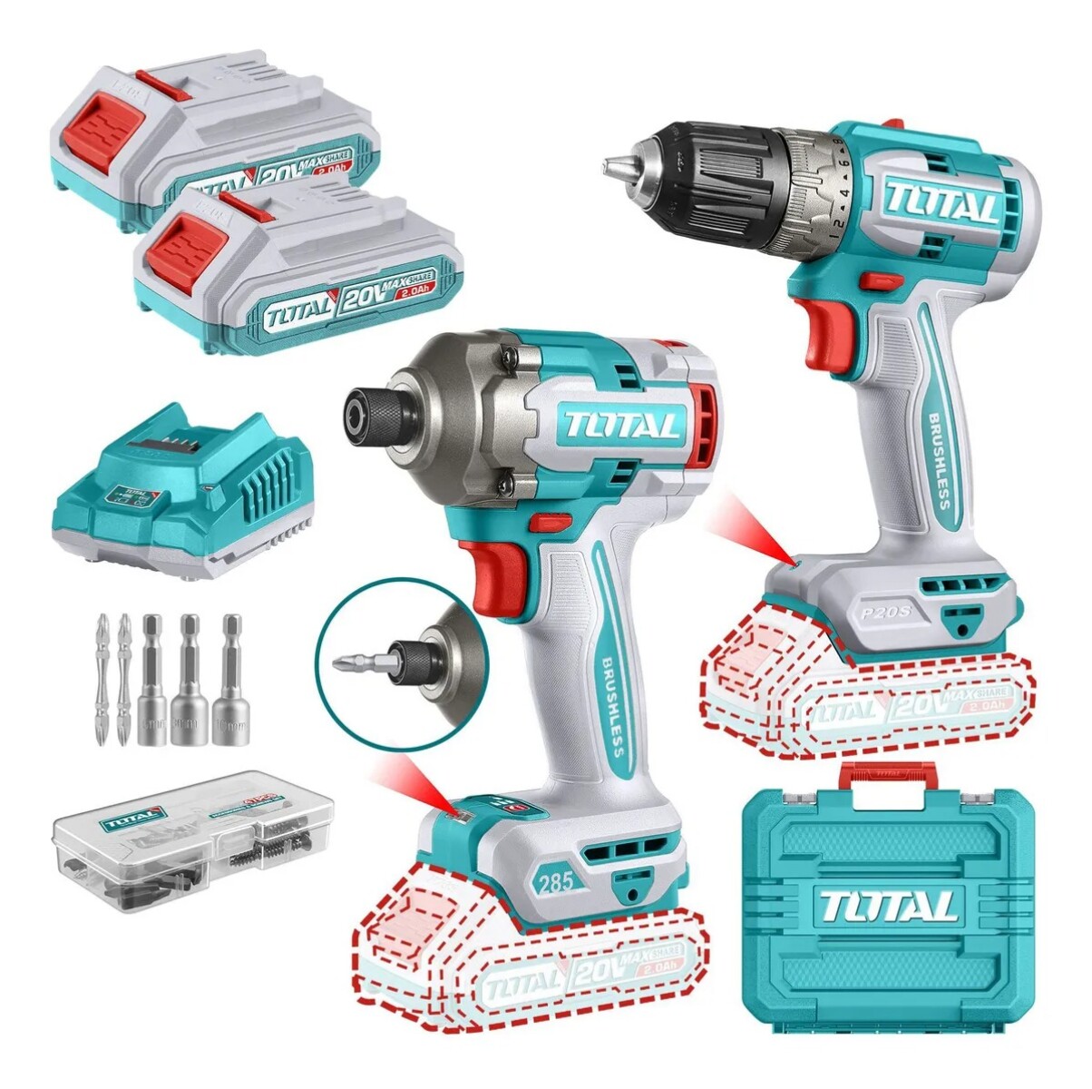Combo Kit Taladro y Atornillador de Impacto Brushless Total 20V con 2 Baterías y Maletín 