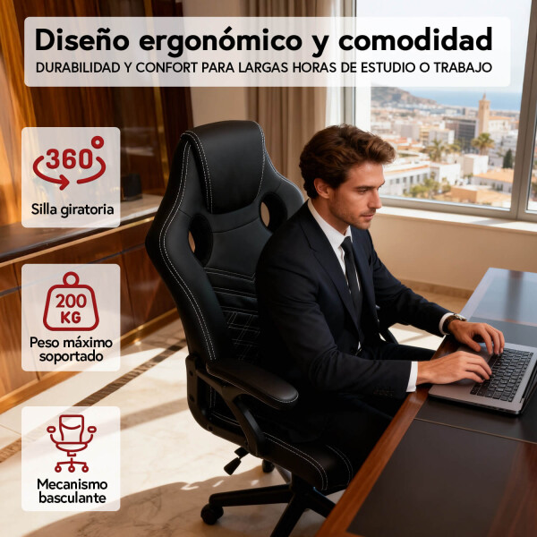 Silla Gamer Ergonomica Escritorio Reclinable Soporta 200kg Cuero Sintético Imback Color Negro Silla Gamer Ergonomica Escritorio Reclinable Soporta 200kg Cuero Sintético Imback Color Negro