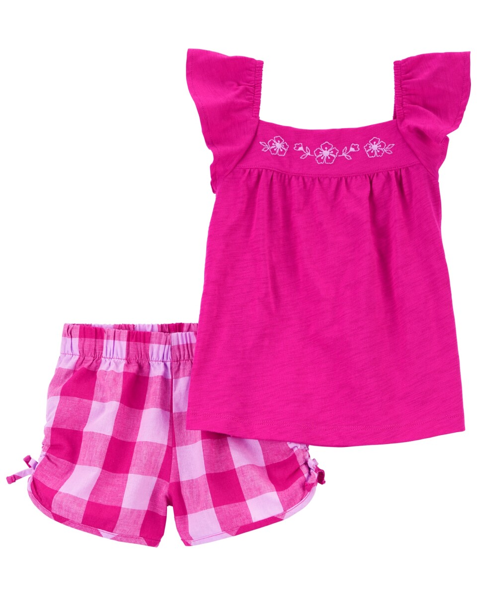Set dos piezas, short de lino y musculosa de algodón, rosadas 