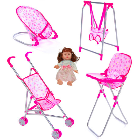 Set 4 En 1 Muñeca Bebe+ Coche Silla Hamaca Mecedor Set 4 En 1 Muñeca Bebe+ Coche Silla Hamaca Mecedor