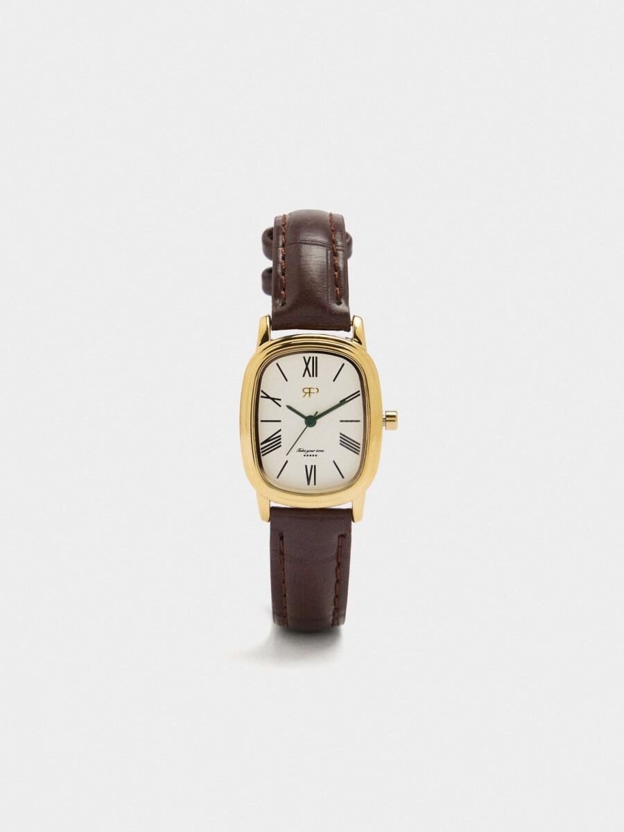 Reloj Rectangular Con Pulsera Efecto Piel marron