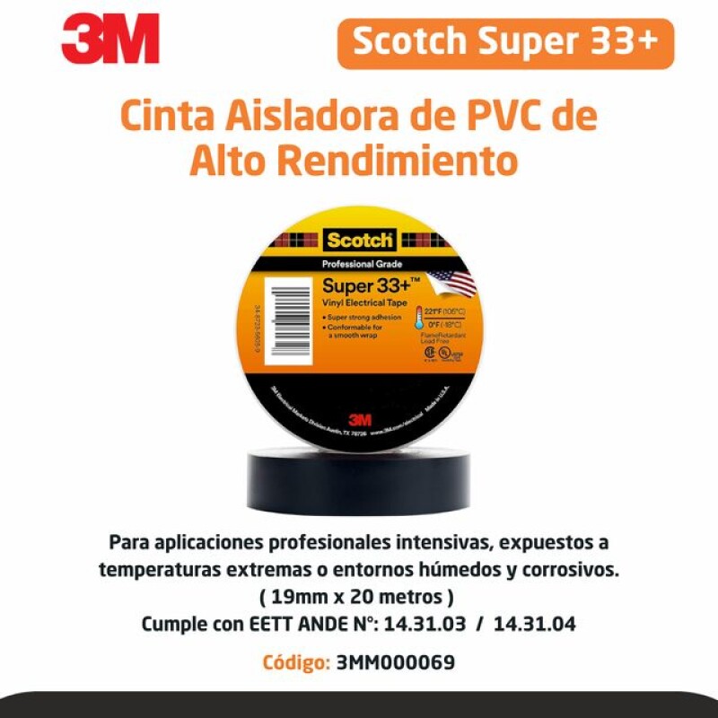 CINTA AISLADORA DE VINILO SUPER 33+ 19MM x 20 M CINTA AISLADORA DE VINILO SUPER 33+ 19MM x 20 M