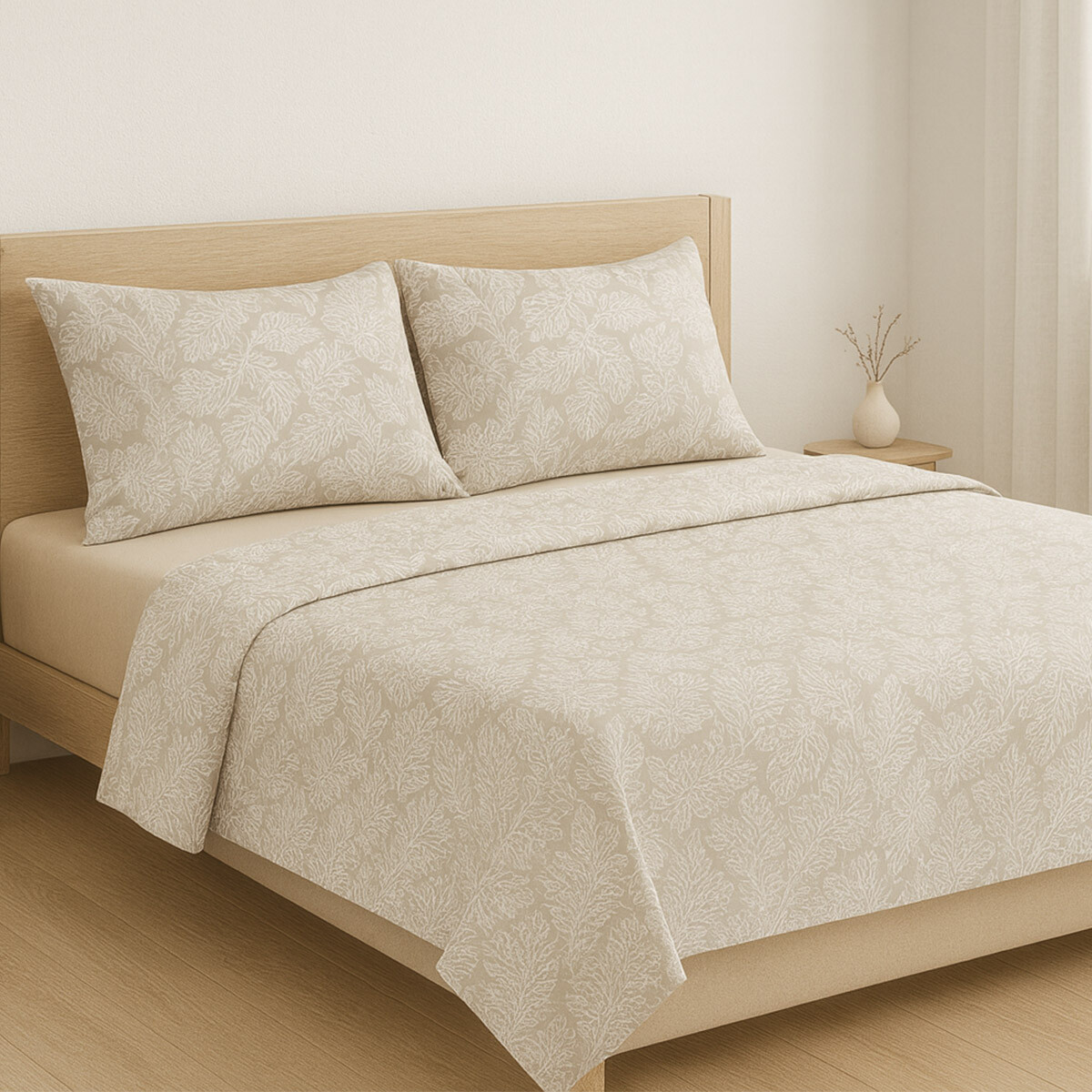 Juego Sábanas 1 Plaza y Media Bukara 100% Microfibra - 310-1 HOJAS BEIGE 