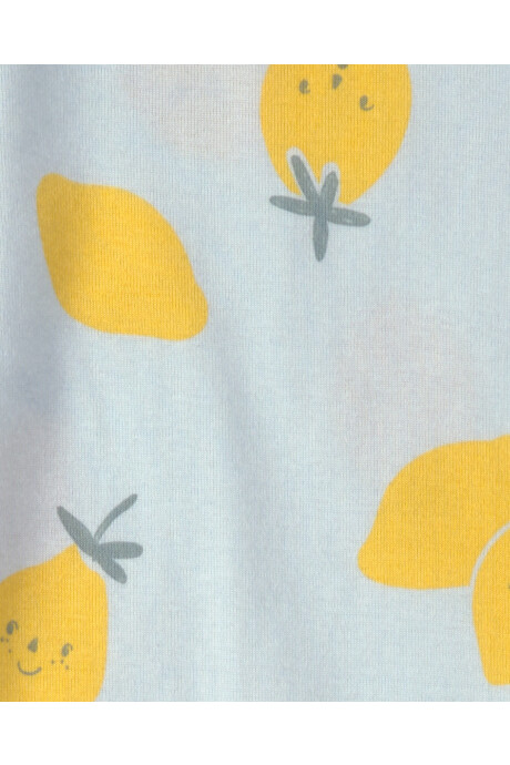Pijama cuatro piezas de algodón, amarillo y azul, diseño limones. Talles 12-24M Pijama cuatro piezas de algodón, amarillo y azul, diseño limones. Talles 12-24M