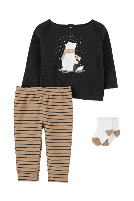 Set tres piezas pelele, remera y medias de algodón estampa oso polar Sin color