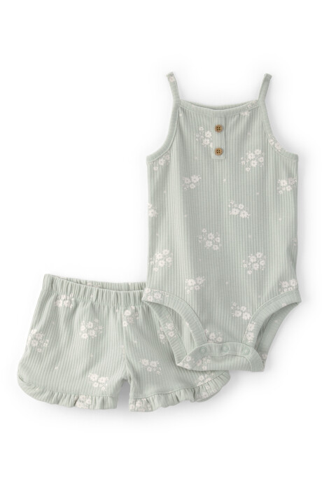 Set dos piezas de algodón acanalado, short y body, verde, diseño floral Set dos piezas de algodón acanalado, short y body, verde, diseño floral