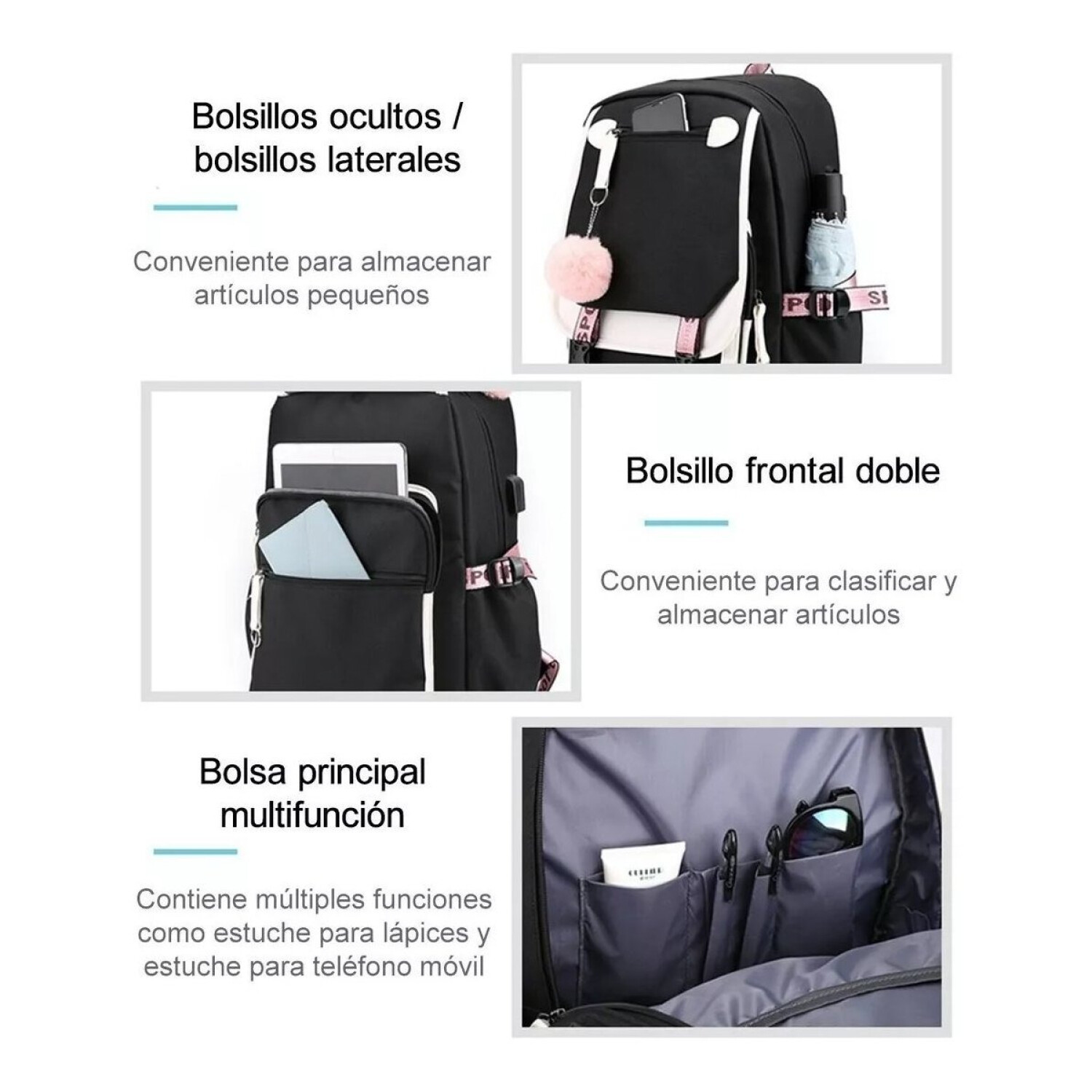 Mochila Impermeable Kawaii Estilo Coreano Notebook Usb Variante Color Negro Atrix
