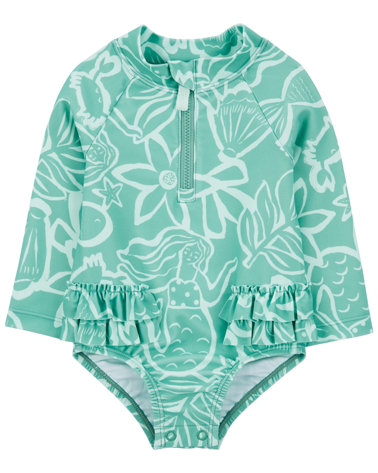Malla de baño una pieza manga larga con protección UPF 50+ diseño sirenas. Talles 3-24M Sin color