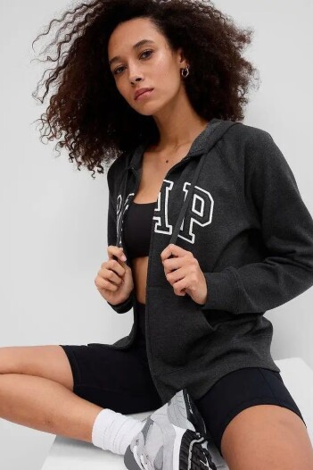 Buzo Canguro Con Cierre Logo Gap Mujer Charcoal Heather