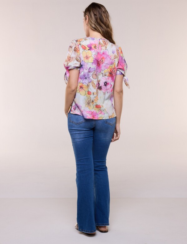 Blusa Flores Acuareladas Con Mangas Con Lazos VIOLETA/MULTI