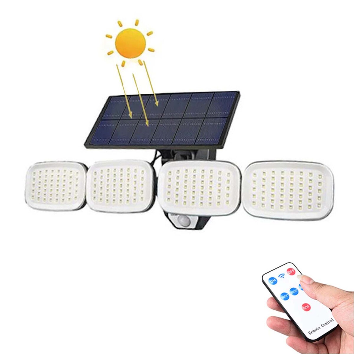 Foco Solar de Pared Ajustable 4 Luces Led c/Sensor y Control - Negro 