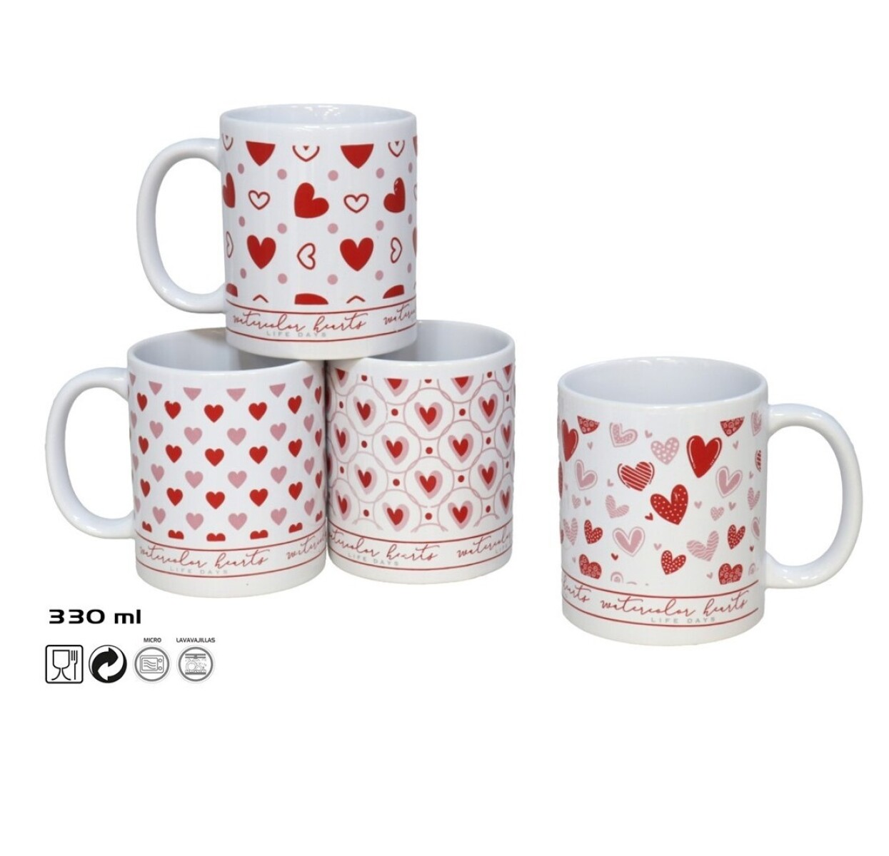 Taza de Cerámica Amore 330 ml con Diseño de Corazones 