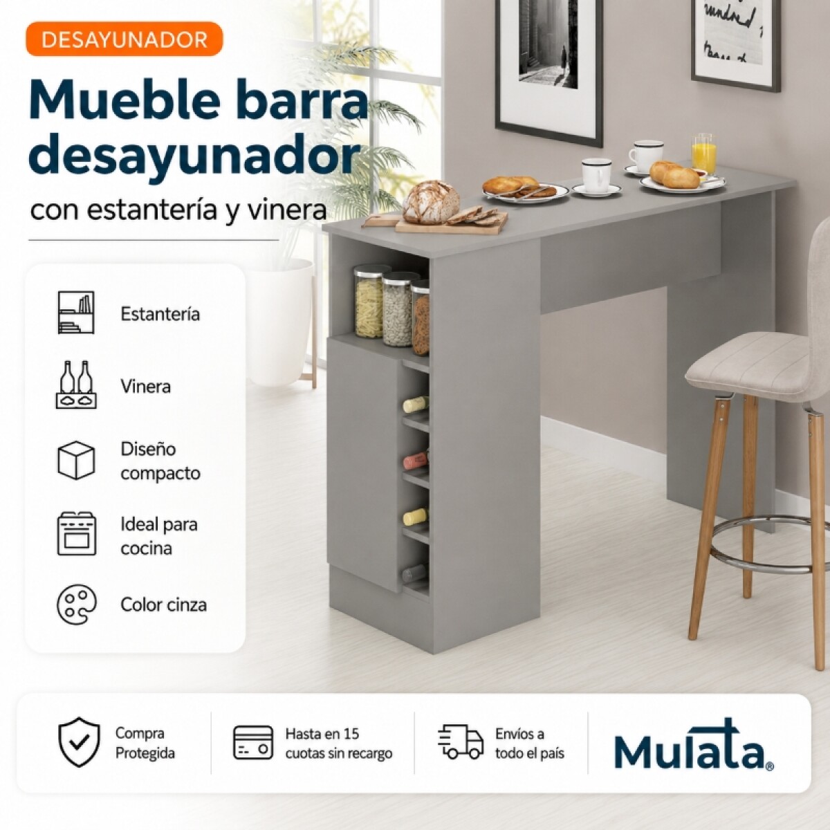 Mueble Barra Desayunador con Estantería y Vinera - MDP - Cinza 