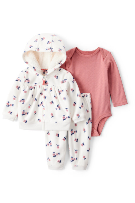 Set tres piezas, campera de micropolar, pantalón y body de algodón, diseño floral Sin color