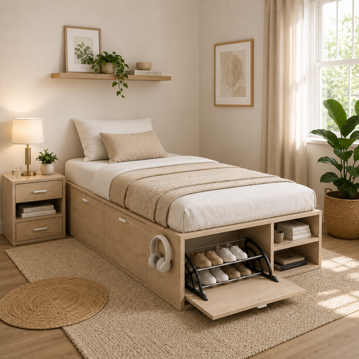 Cama 1 plaza con zapatera y cajones - Beige 
