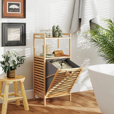 Estanteria con cesto de ropa bambú con 2 estantes - 39x30x95cm Sc