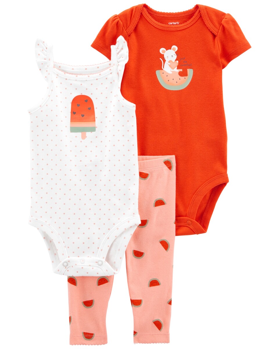 Set tres piezas pantalón y dos bodies de algodón diseño sandía 