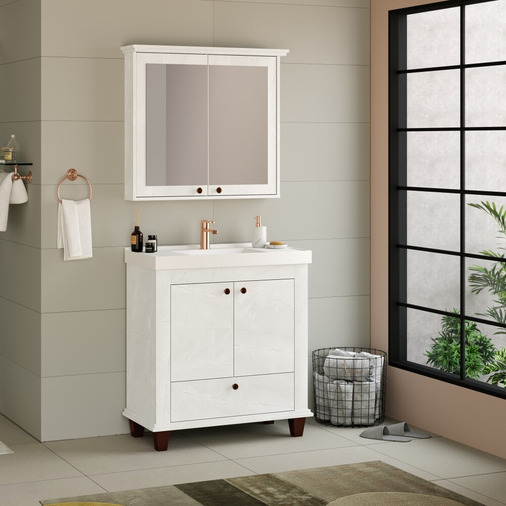 CONJUNTO DE BAÑO VALENCIA CRISTAL 80 CM / MUEBLE + BACHA + ESPEJO Conjunto De Baño Valencia Cristal 80 Cm / Mueble + Bacha + Espejo