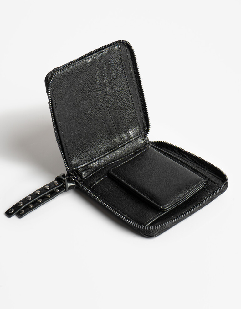 Billetera Zip Round Billetera Efecto Satinado Negro - Negro