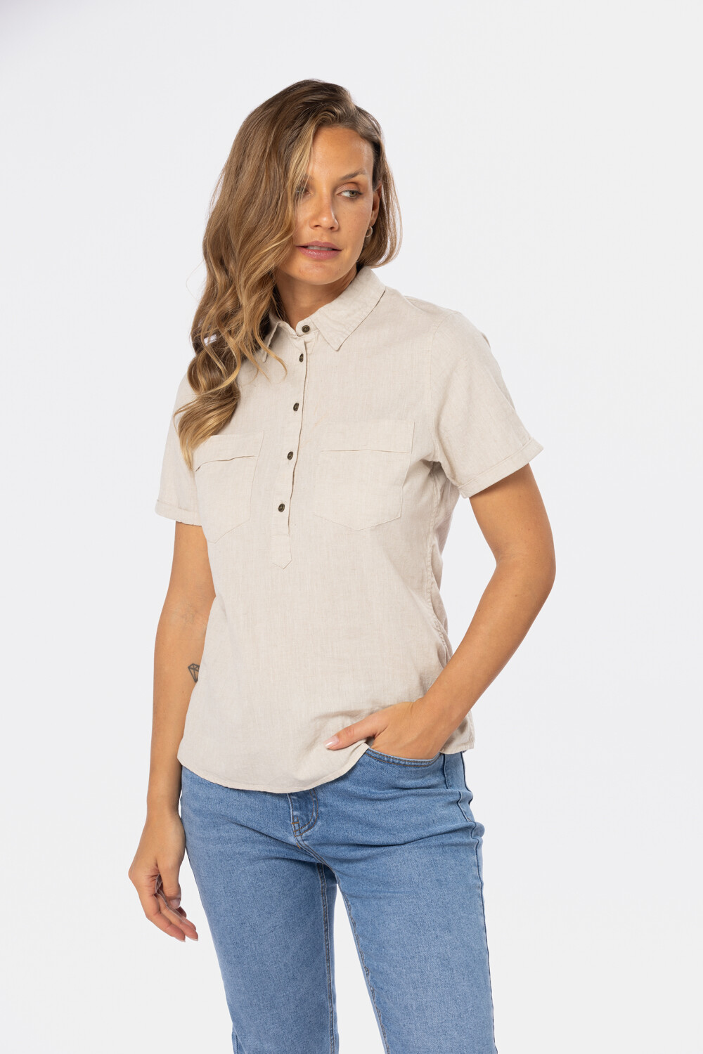 CAMISA DE LINO MEDIO BOTÓN Beige