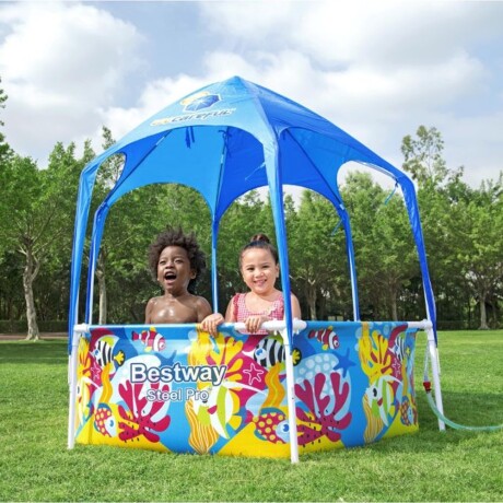 Piscina Infantil Steel Pro Bestway Toldo Extraíble Rociador Azul