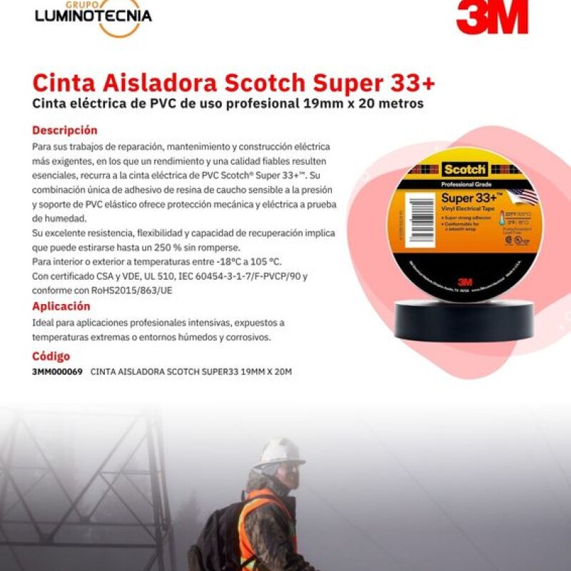 CINTA AISLADORA DE VINILO SUPER 33+ 19MM x 20 M CINTA AISLADORA DE VINILO SUPER 33+ 19MM x 20 M