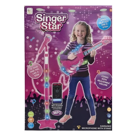 Micrófono Infantil con pie, guitarra con luz y sonido MP3 3AA Rosa