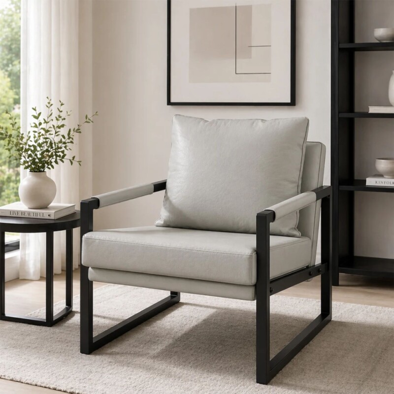 Sillón Poltrona Individual en Eco Cuero y metal Gris Claro