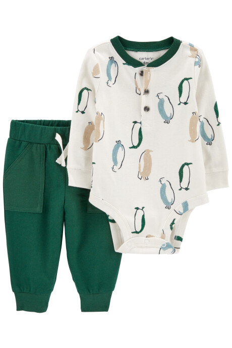 Set dos piezas pantalón y body con botones diseño pingüinos de algodón Sin color