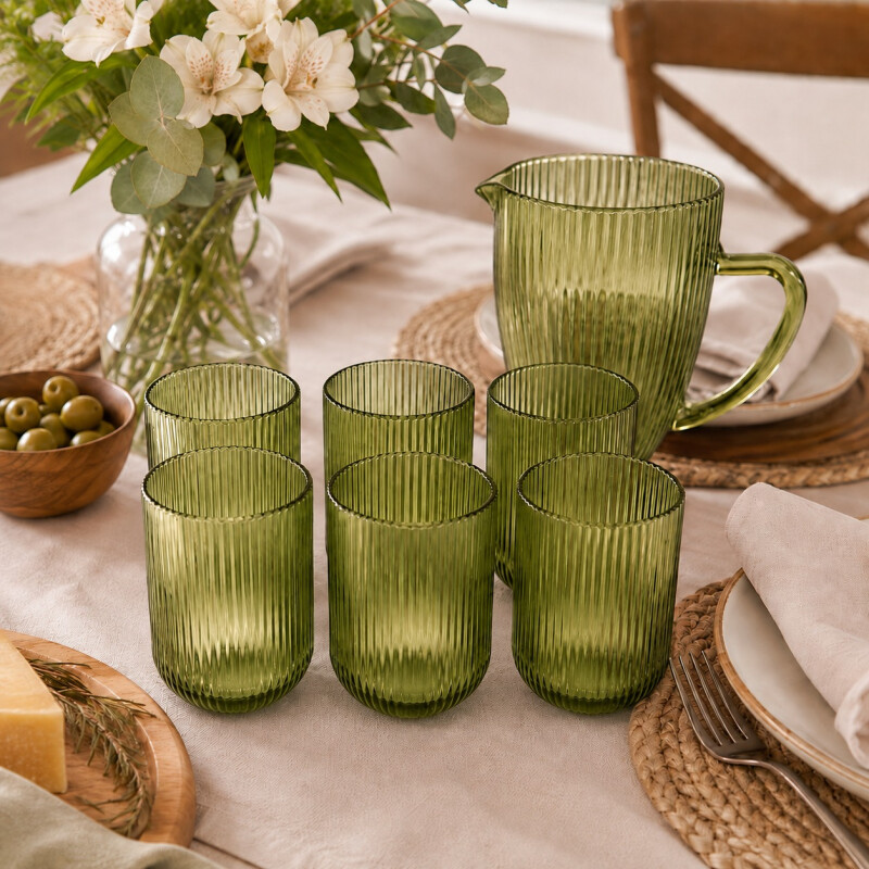 Jarra Line 1 Litro y 6 Vasos 300 ml Set Vidrio Verde