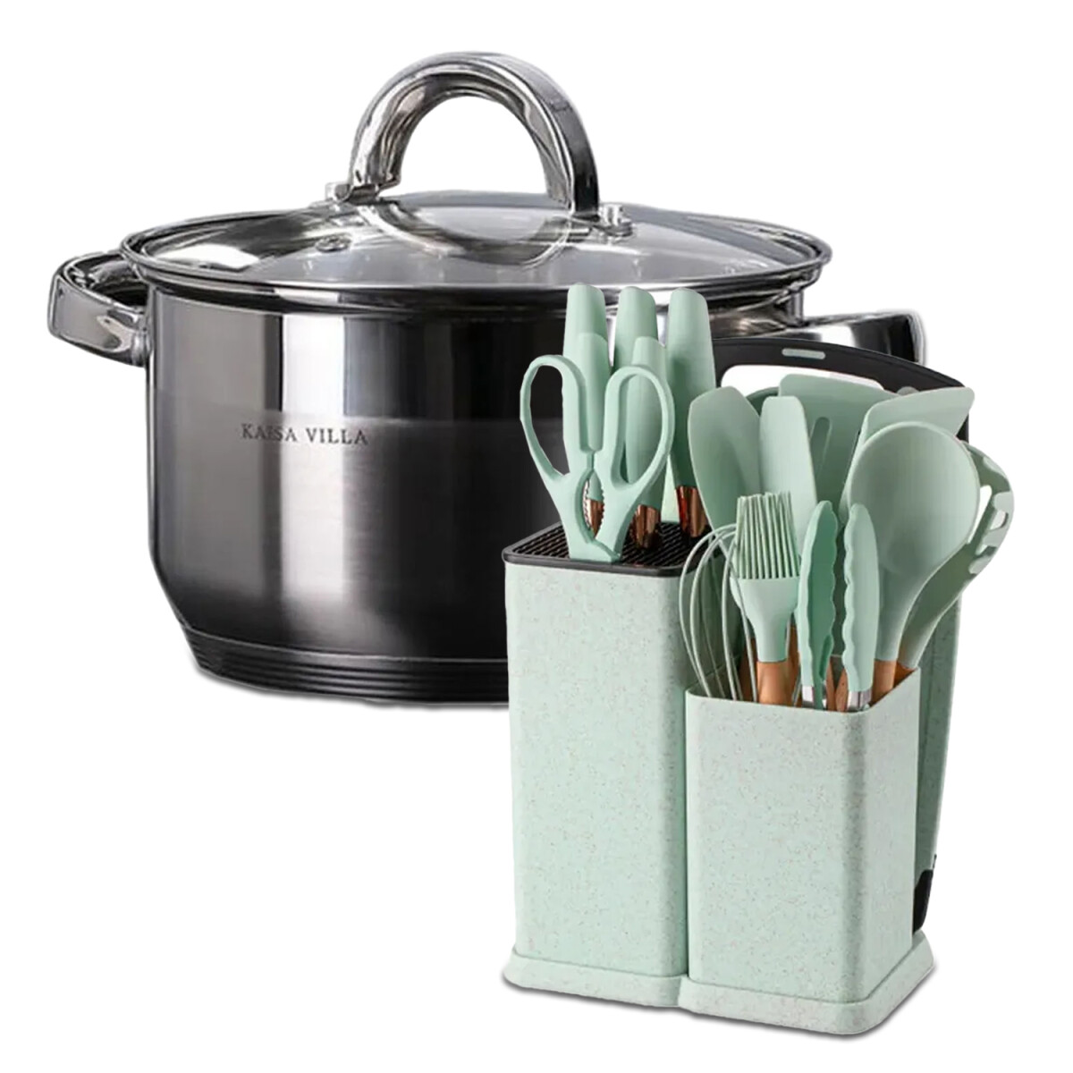 Set Cocina Utensilios Practico 19Pzs + Olla Acero Inoxi 22cm - Verde Claro 