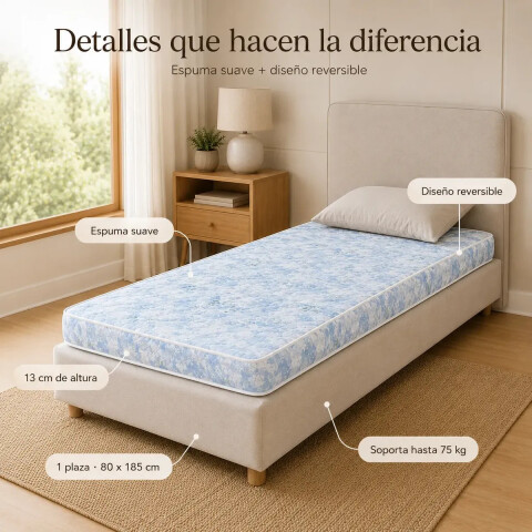 Colchón AUSTRAL - 1 Plaza - Reversible - Espuma Suave - 185x80x13 cm - Hasta 75Kg Colchón AUSTRAL - 1 Plaza - Reversible - Espuma Suave - 185x80x13 cm - Hasta 75Kg