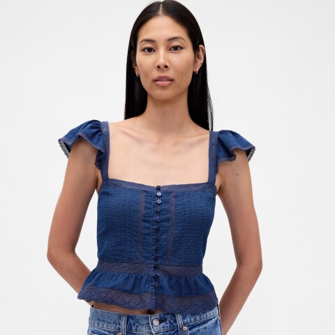 FLTR SLV SQ NK PEPLUM TOP MEDIUM WASH