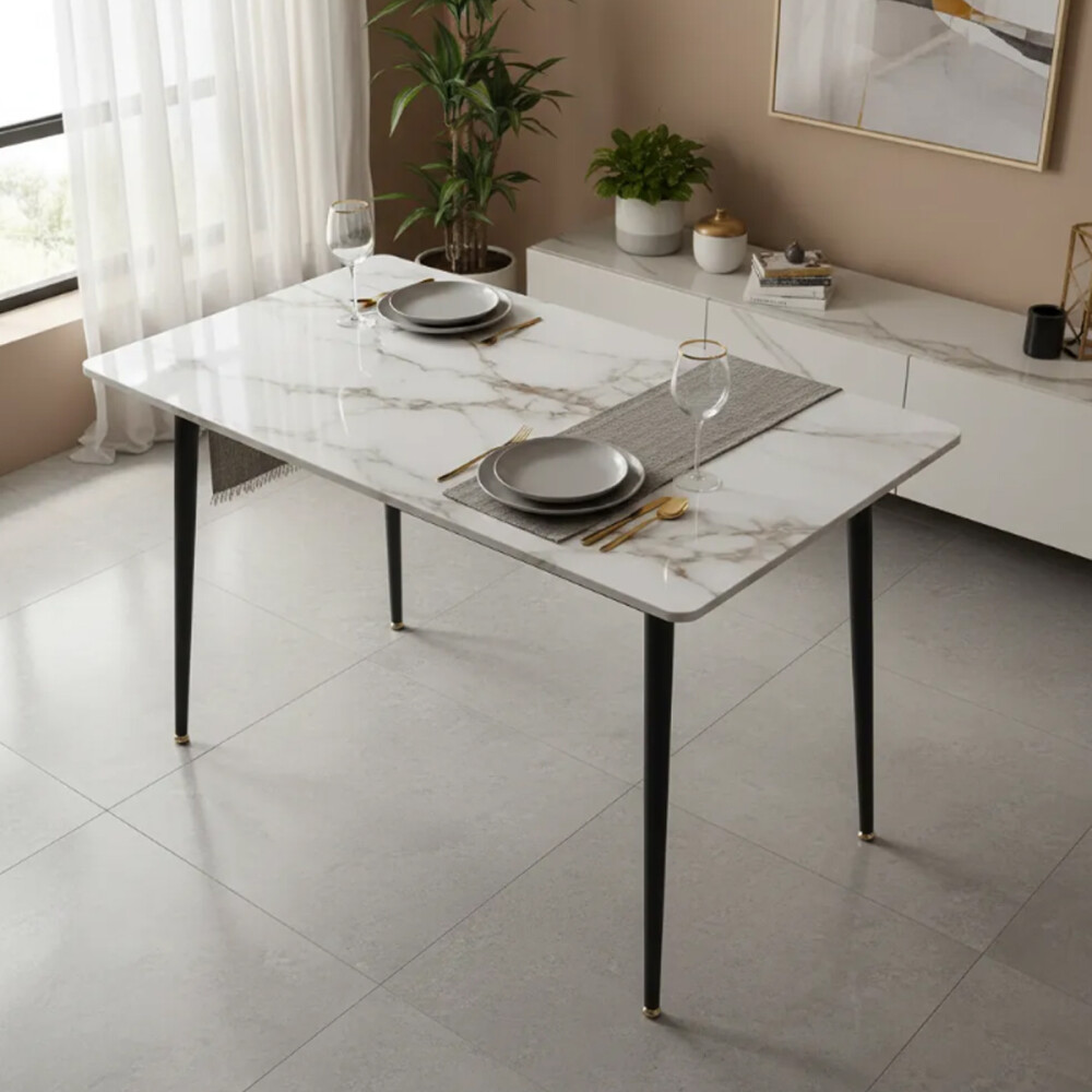 Mesa De Comedor Vidrio Símil Marmol 1.40x0.80m Patas De Hierro Blanco con marrón