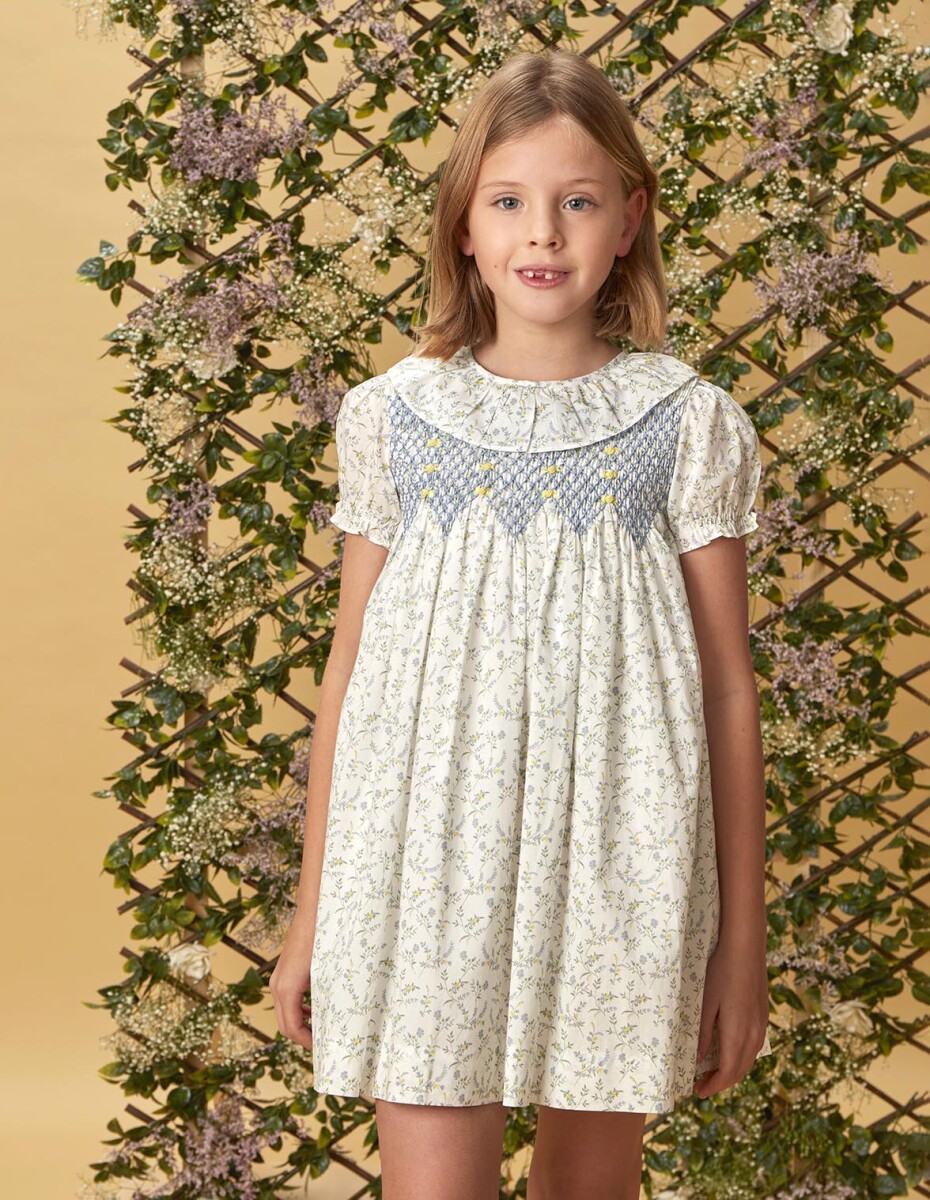 Vestido De Florecitas Con Nido De Abeja - Azul 