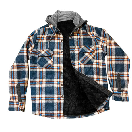Campera Camisa Leñadora Cangurito Capucha Botones Azul-Beige