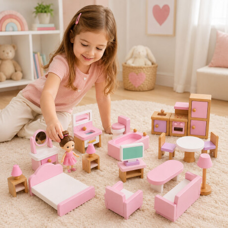 Set Muebles De Madera Para Casa Muñecas 22 Piezas Infantil Rosado