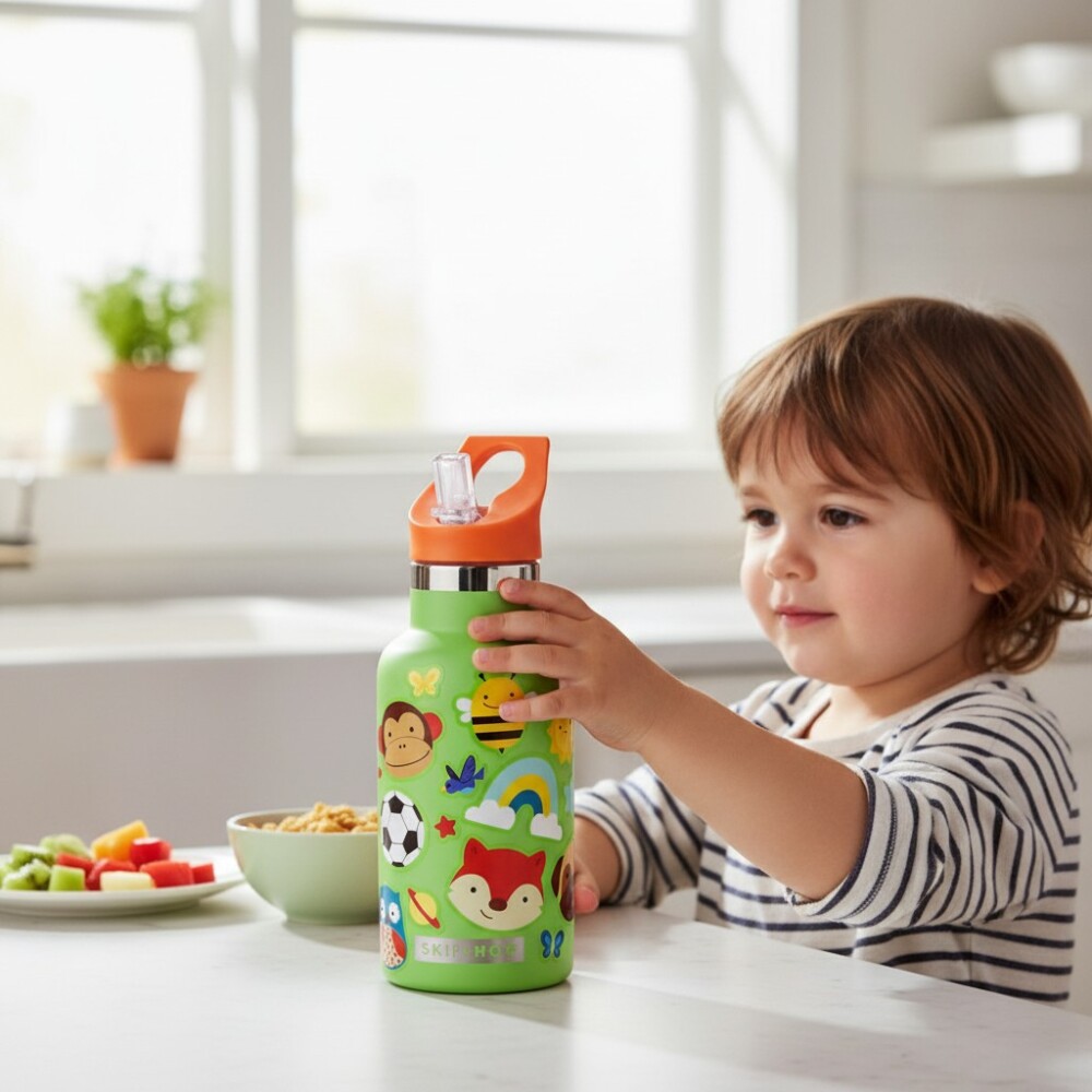 Botella acero inoxidable con sorbito y stickers skip hop verde