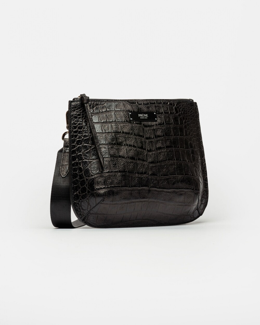 Bandolera Mia En Cuero Grabado Croco Negro