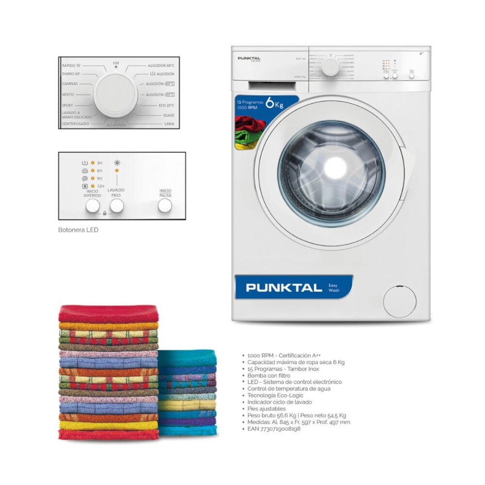 Lavarropas Carga Frontal 6Kg 1000RPM A++ con 15 Programas - Punktal Lavarropas Carga Frontal 6Kg 1000RPM A++ con 15 Programas - Punktal