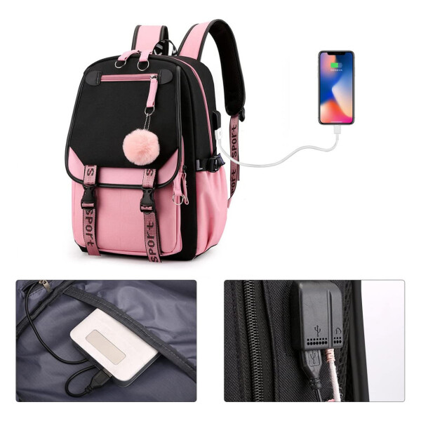 Mochila Impermeable Kawaii Estilo Coreano Notebook Usb Variante Color Rosa Negro