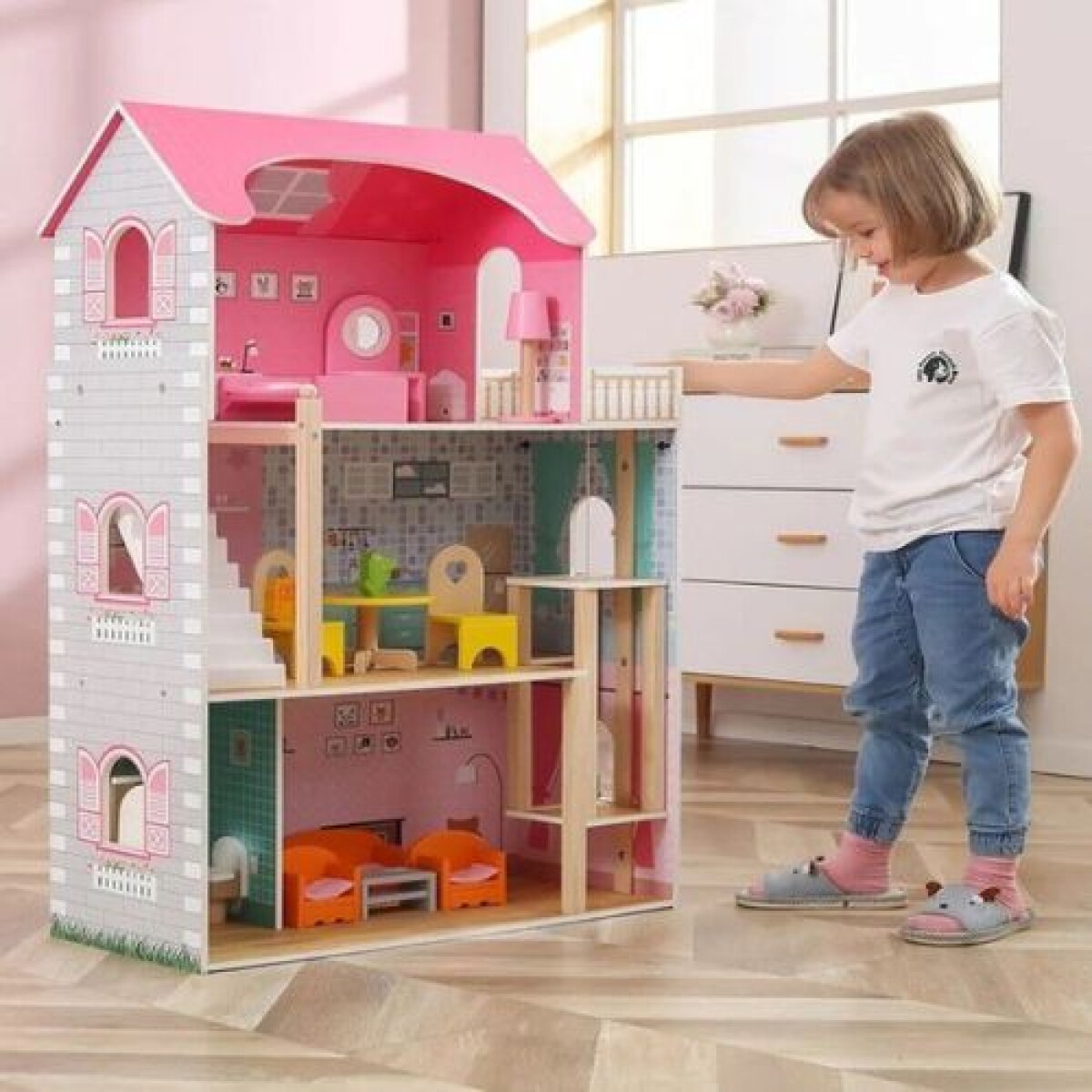 Casita de muñecas rosa- 3 plantas con accesorios - Casita De Muñecas Rosa- 3 Plantas Con Accesorios 