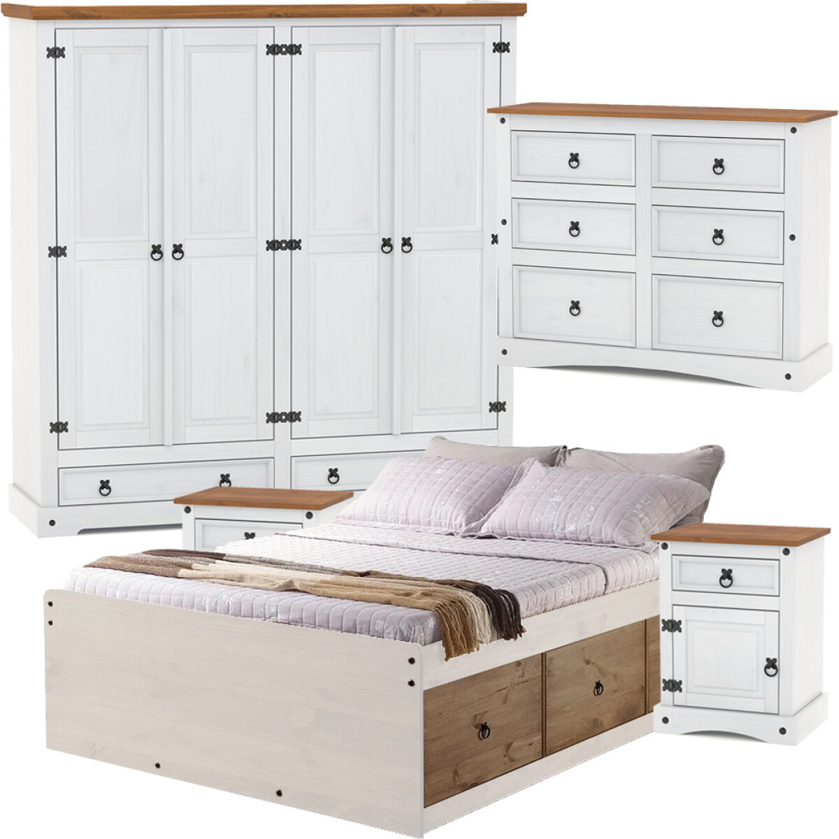 Promo Juego de dormitorio - Ropero + Comoda + 2 Mesa de luz + Cama queen con cajones 