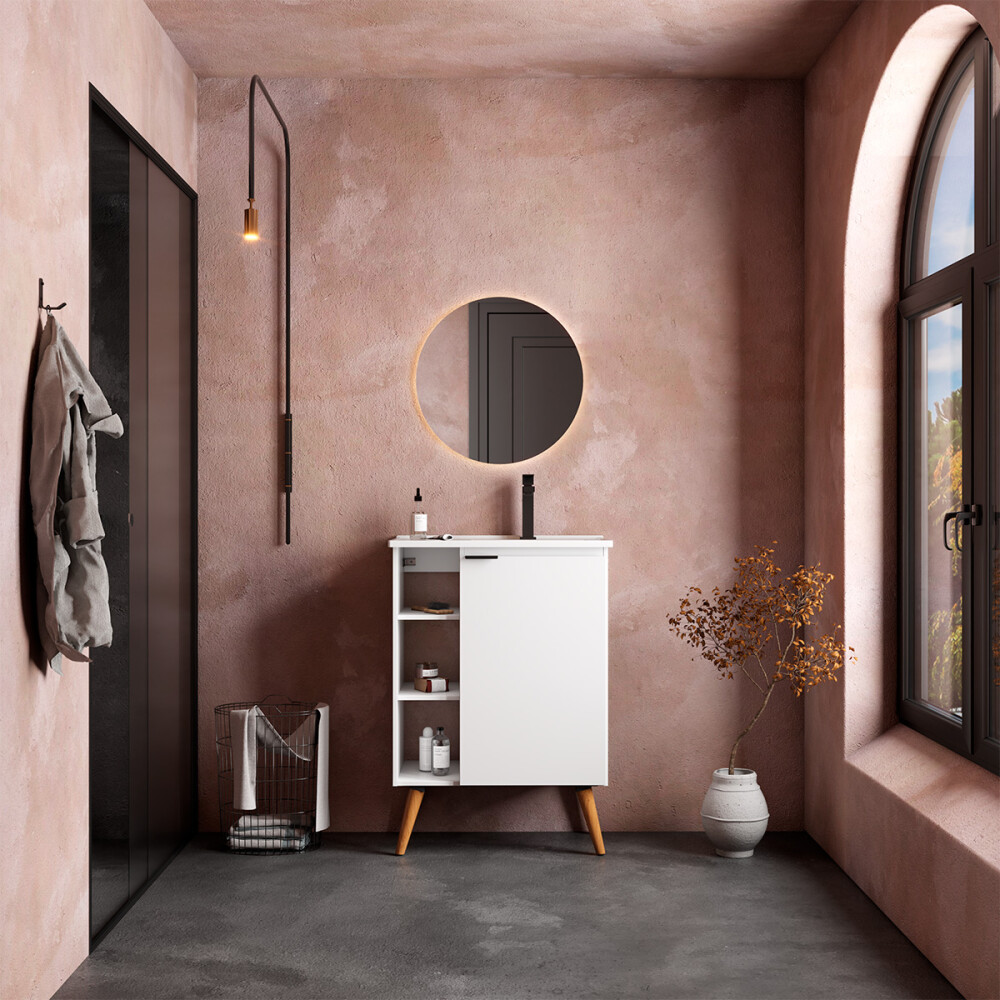 MUEBLE BAÑO EN MADERA HORTENSIA BLANCO CON LAVAMANOS EN PATAS DE MADERA MACIZA Mueble Baño En Madera Hortensia Blanco Con Lavamanos En Patas De Madera Maciza