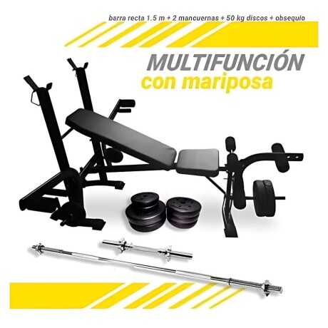 Combo Banco Mariposa ZGF-009 + Barra Recta Mancuernas y 50Kg en Discos de Pesas Combo Banco Mariposa ZGF-009 + Barra Recta Mancuernas y 50Kg en Discos de Pesas